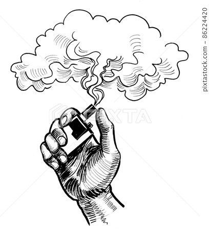 Hand with vaporizer. Ink black and white drawing Hand with vaporizer. Ink black and white drawing 86224420