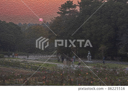 Oil painting, landscape of people relaxing in the park at sunset 86225516