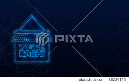 Plexus banner with we are back door sign. Back door sign in flat style on blue background. 86226153