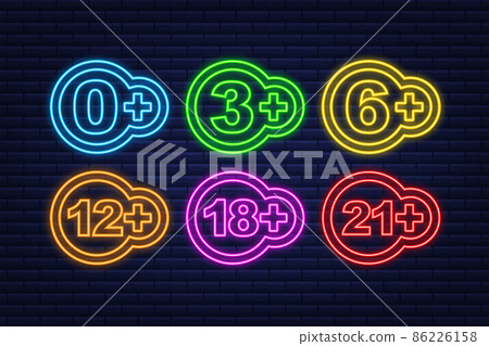 Censored 0, 3, 6, 12, 18, 21 plus sign limit concept. Age restrictions, censorship. Neon style. Vector stock illustration. 86226158