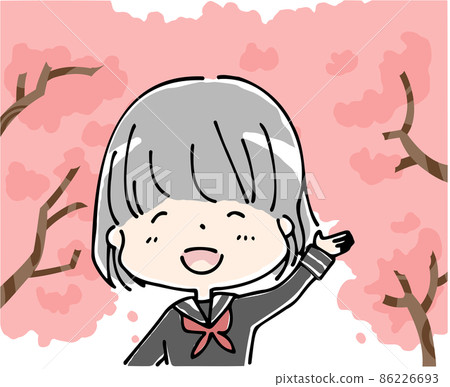櫻花下一個女學生微笑著舉手 櫻花下一個女學生微笑著舉手 86226693