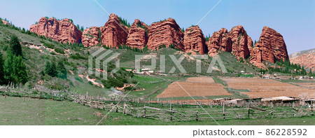 Landscape of Jeti Oguz red rocks in Karakol Kyrgyz republic 86228592