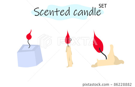 A set of scented candles with a burning fire. Candles for interior, lighting and romantic dates. Aromatherapy. Vector illustration in color design on a white background. A set of scented candles with a burning fire. Candles for interior, lighting and romantic dates. Aromatherapy. Vector illustration in color design on a white background. 86228882