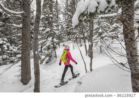 Snowshoeing people in winter forest with snow covered trees on snowy day. Woman on hike in snow hiking in snowshoes living healthy active outdoor lifestyle 86228927