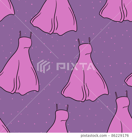 Lovely feminine elegant beautiful color dress. Seamless pattern with Trendy dresses. Women cloth element. Feminine symbol, modern design. Vector sketch illustration. Clothes concept Lovely feminine elegant beautiful color dress. Seamless pattern with Trendy dresses. Women cloth element. Feminine symbol, modern design. Vector sketch illustration. Clothes concept 86229176