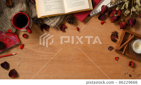 Vintage feminine workspace background on wooden table. Vintage feminine workspace background on wooden table. 86229666