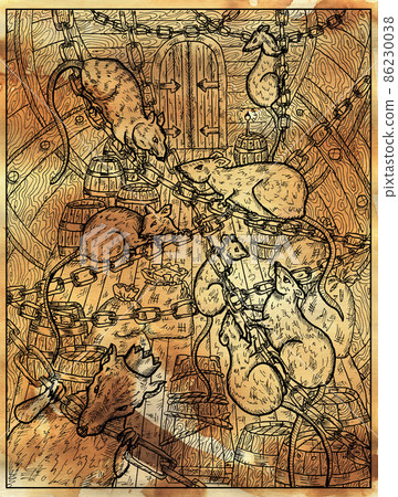 Old paper textured  illustration of scary rats in the ship's hold among cagro bags, trunks and ropes. Nautical vintage drawings, marine concept, coloring book page, t-shirt and tattoo graphic  86230038