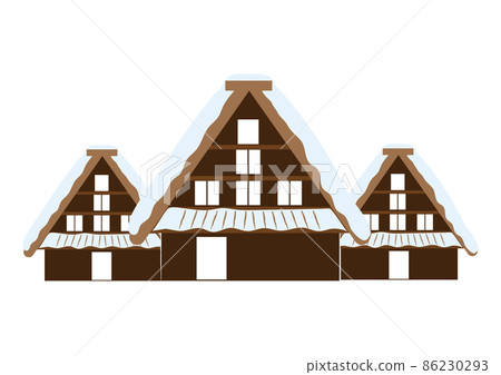 Three snow-covered gassho-style houses 86230293
