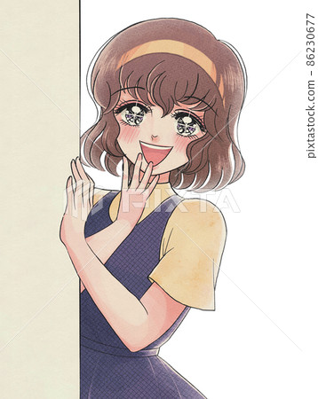 1970s shojo manga, a beautiful girl who appears from the side of the wall 86230677