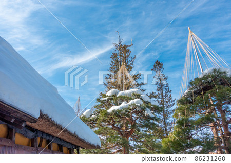 Yukitsuri thatched roof that protects trees from snow damage 86231260