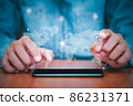 Businessman uses a smartphone to business analysing with financial graph data. Business finance background. business finance technology, business finance technology and investment concept 86231371