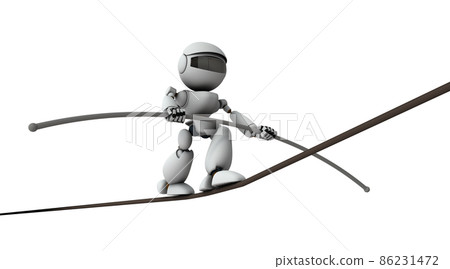 A robot walking on a tightrope. A dangerous and high-risk adventure. His life-threatening challenge. 86231472