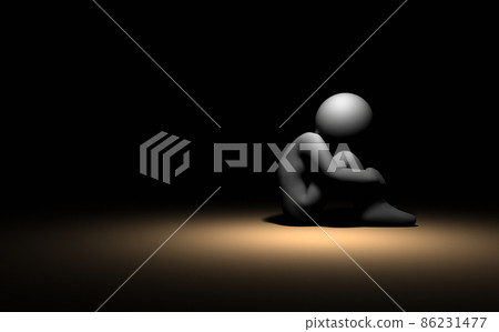 黑暗中孤獨的人。握住膝蓋並蹲下。後悔和絕望。深深的悲傷和孤獨。 黑暗中孤獨的人。握住膝蓋並蹲下。後悔和絕望。深深的悲傷和孤獨。 86231477