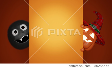 Halloween Funny Lantern Jack Pumpkins and Cute Furry Little Monster Peeking out From Behind the Wall. Rendering from 3D. 86233536