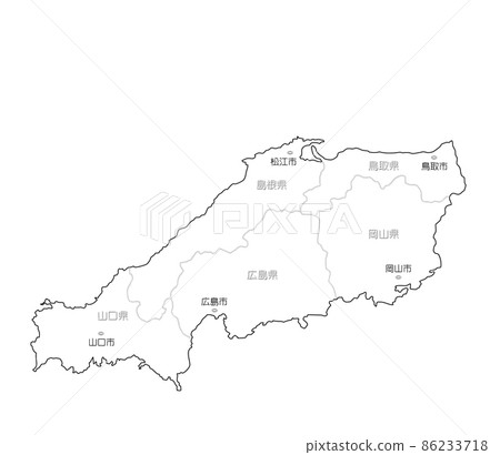 Map of Japan Chugoku region Prefecture name / prefectural office owned white Map of Japan Chugoku region Prefecture name / prefectural office owned white 86233718