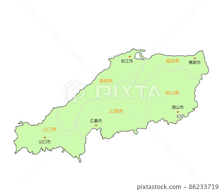 Map of Japan Chugoku region Prefecture name / prefectural office owned green 86233719