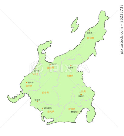 Map of Japan Chubu region prefecture name / prefectural office owned green 86233735