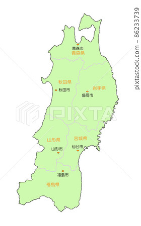 Map of Japan Tohoku region Prefecture name / prefectural office owned green 86233739