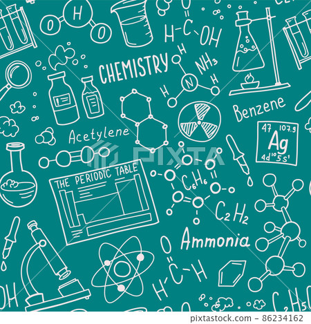 Chemistry symbols icon set. Science subject doodle design. Education and study concept. Back to school sketchy background for notebook, not pad, sketchbook. 86234162