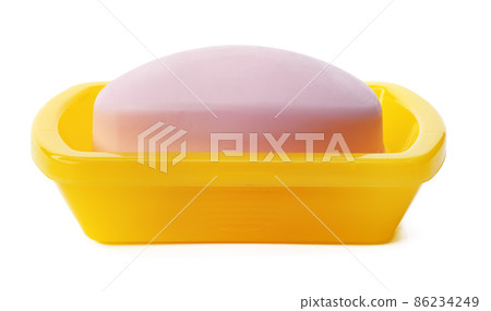 Soap on a plastic soap dish isolated on a white background Soap on a plastic soap dish isolated on a white background 86234249