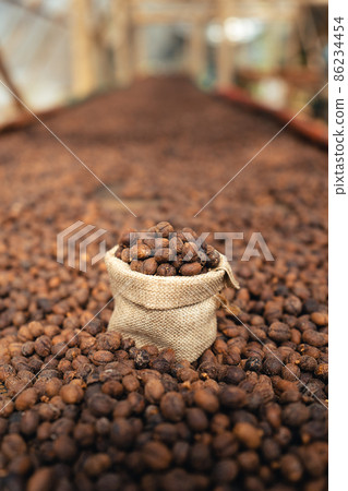 Coffee beans are dried in the greenhouse. 86234454