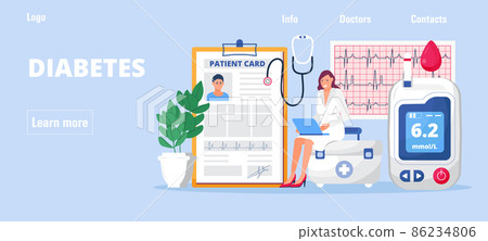 Diabetes concept vector for homepage. Glucometer for blood glucose testing meter. Doctor treats hyperglycemia. Lab, pills, insulin syringe for injection. Diabetes concept vector for homepage. Glucometer for blood glucose testing meter. Doctor treats hyperglycemia. Lab, pills, insulin syringe for injection. 86234806
