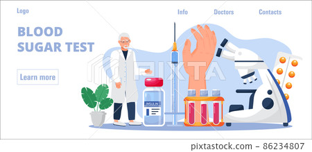 Diabetes concept vector for homepage. Glucometer for blood glucose testing meter. Doctor treats hyperglycemia. Lab, pills, insulin syringe for injection. Diabetes concept vector for homepage. Glucometer for blood glucose testing meter. Doctor treats hyperglycemia. Lab, pills, insulin syringe for injection. 86234807