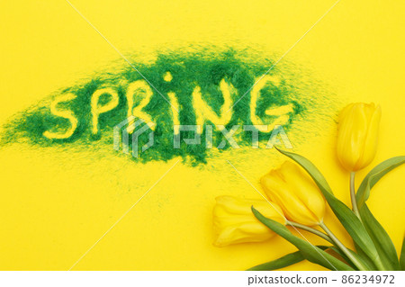 The inscription Spring from decorative green grass on a yellow background with a watering can and flowers tulips 86234972