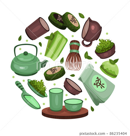 Traditional Japanese and Chinese tea ceremony utensils and accessories in circular shape. Asian cafe, restaurant poster, card, background 86235404