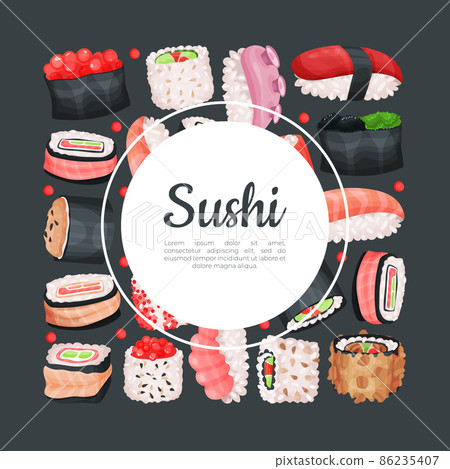 Sushi banner template. Japanese food, Asian cuisine poster, card, background vector illustration 86235407