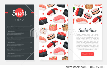 Asian food menu web banners set. Sushi bar, restaurant, cafe, delivery service mobile app vector illustration 86235409