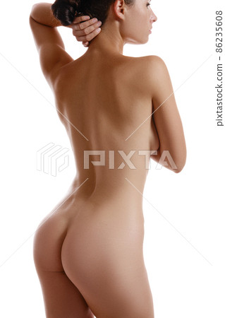 Naked woman perfect body and breast. White isolated background