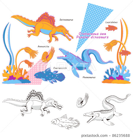 Mosasaurus and Spinosaurus: Retro-style designs and line drawings of popular dinosaurs from the Cretaceous period 86235688
