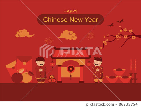 Cute kids characters for chinese new year on red background,greeting card,card,Vector illustrations. Cute kids characters for chinese new year on red background,greeting card,card,Vector illustrations. 86235754