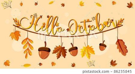 Hello October logo with ornamental autumn leaf Hello October logo with ornamental autumn leaf 86235845