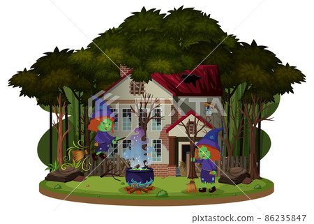 Witch riding a broom in front of haunted house in the woods Witch riding a broom in front of haunted house in the woods 86235847
