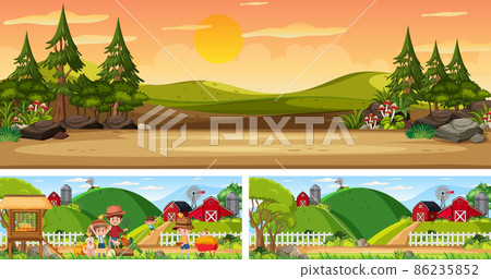 Set of outdoor panoramic landscape with cartoon character Set of outdoor panoramic landscape with cartoon character 86235852