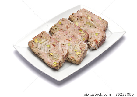 Sliced Traditional French terrine covered with bacon isolated on white background 86235890