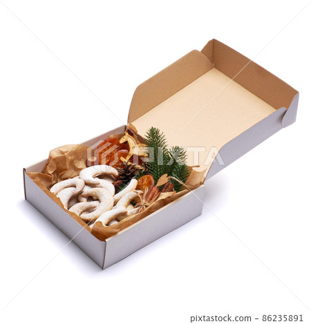 Gift box full of Traditional German or Austrian Vanillekipferl vanilla kipferl cookies 86235891