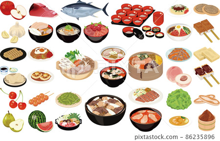 Illustrations of popular Tohoku gourmet foods and specialties ① (Tuna, Kiritanpo, Wanko soba, Boiled potatoes, Beef tongue, Kitakata ramen) 86235896