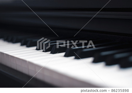 Piano and Electronic piano keyboard with black backgrounds. Closeup of black and white piano keys,  copy space, banner 86235898