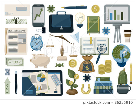 Financial investment icons. Vector flat office icons. A big cartoon set of images for business. Modern set for the bank Financial investment icons. Vector flat office icons. A big cartoon set of images for business. Modern set for the bank 86235910