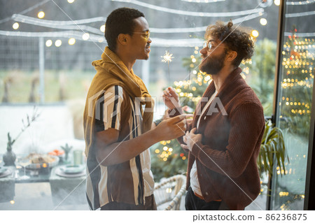 Two male friends celebrating with sparklers at backyard Two male friends celebrating with sparklers at backyard 86236875