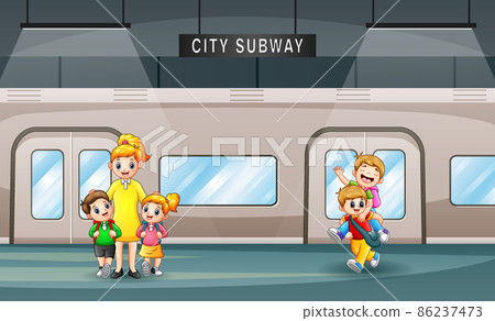 Cartoon of a teacher with her student in a train station 86237473