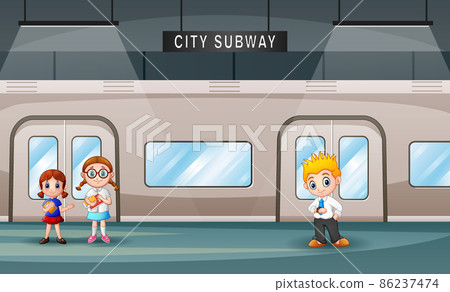 Subway platform with people. Passengers on metro station waiting for train 86237474