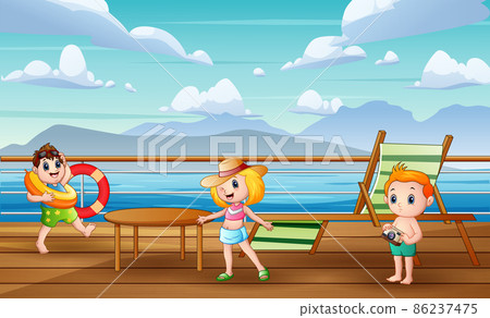 Cartoon kids enjoying the scenery and having fun on deck 86237475