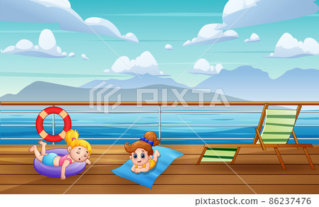Cute little girls sunbathing on the ship deck Cute little girls sunbathing on the ship deck 86237476