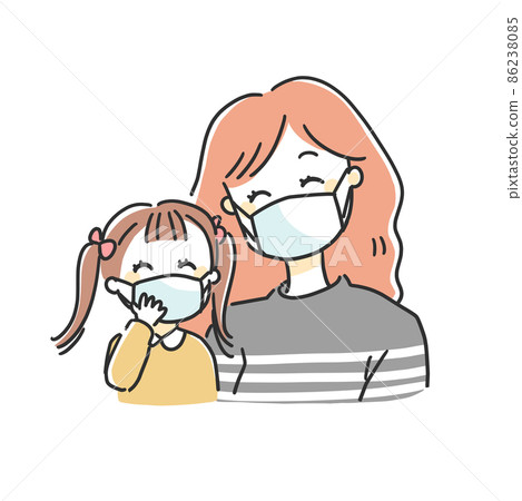 Infection control illustrations of parents and children wearing masks 86238085