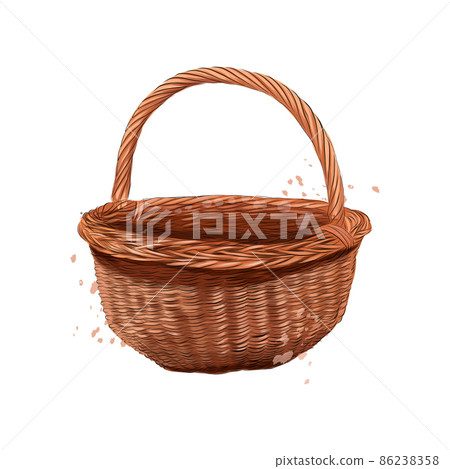 Wooden rounded wicker basket from splash of watercolors, colored drawing, realistic Wooden rounded wicker basket from splash of watercolors, colored drawing, realistic 86238358