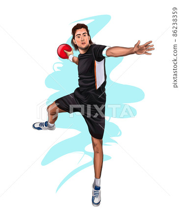 Abstract handball player jumping with the ball from splash of watercolors Abstract handball player jumping with the ball from splash of watercolors 86238359
